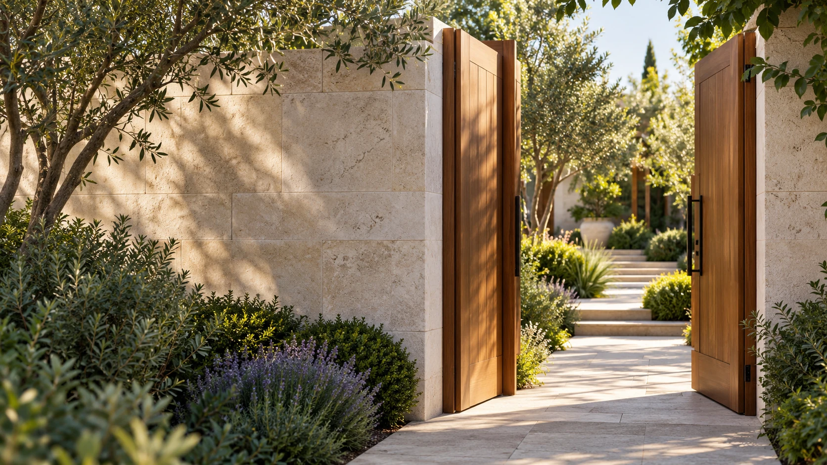 An open garden gate with a path leading into a sunlit courtyard.