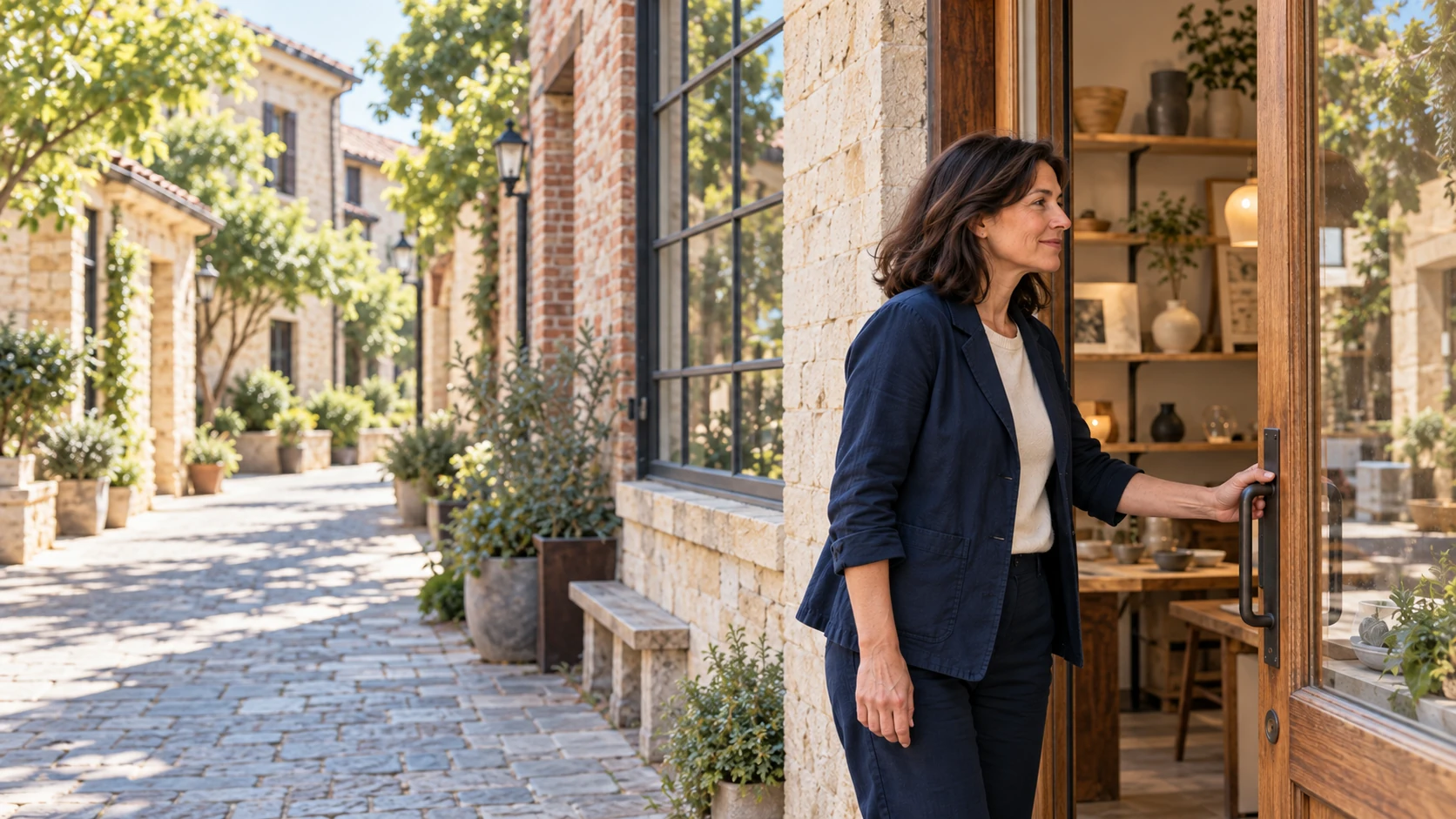 A small-business owner opening a workshop door in morning light. Illustrative scene with a fictional person and business.