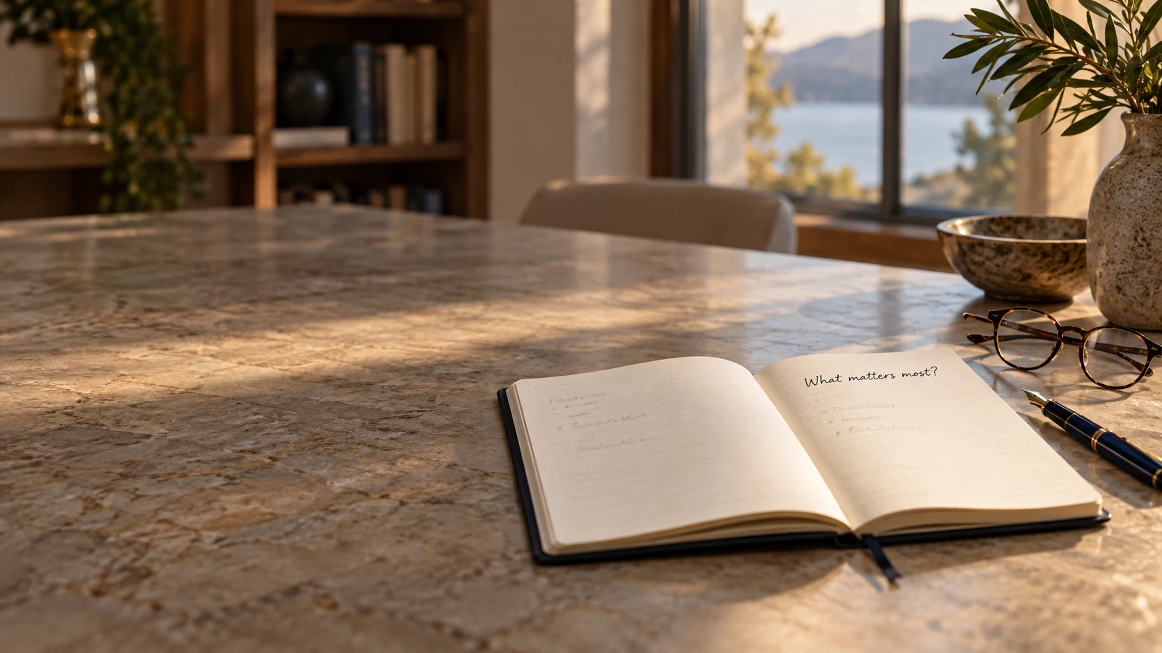 An open notebook asking “What matters most?” with a pen and reading glasses.