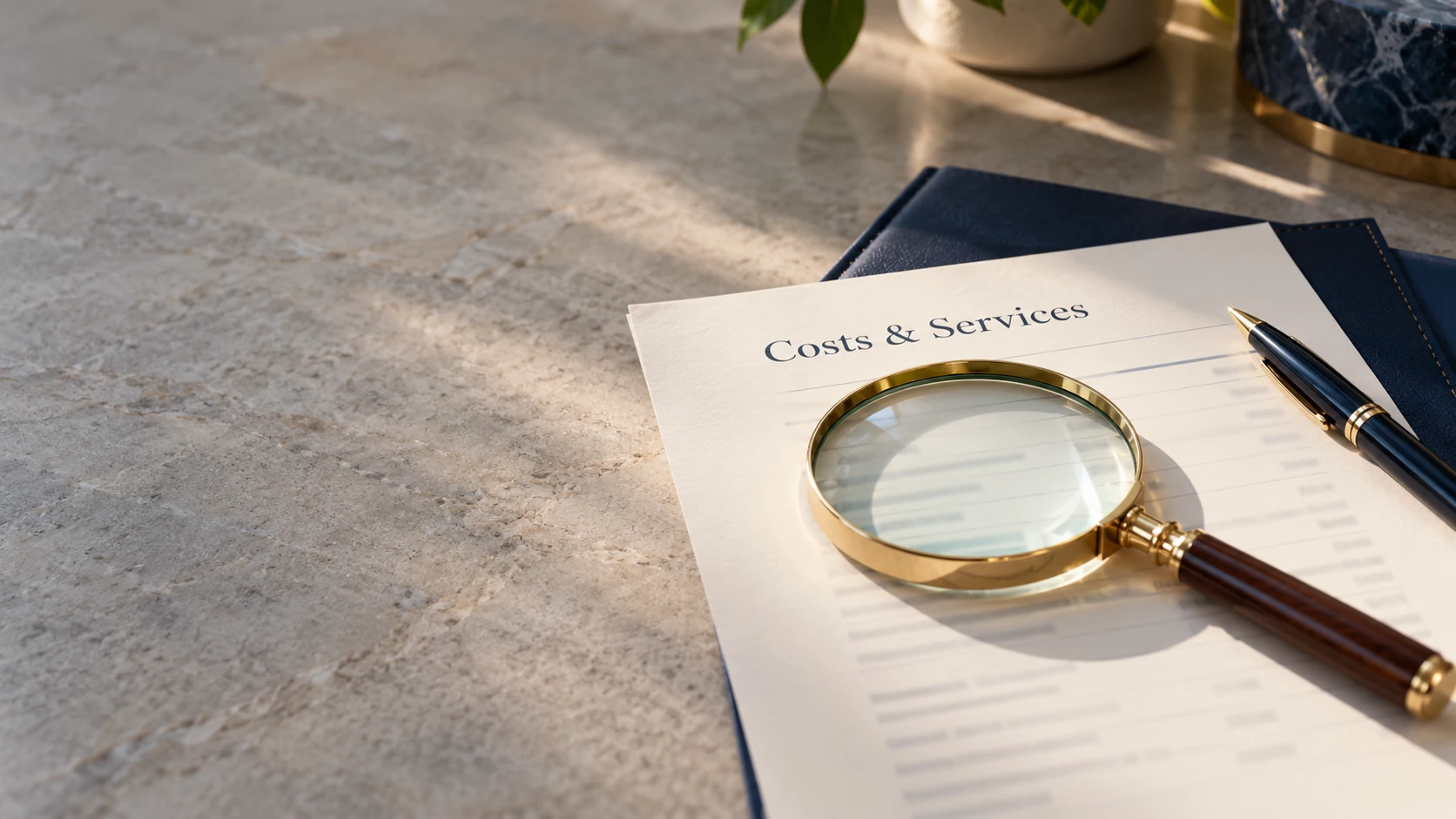 A magnifying glass over a costs-and-services document beside a pen.