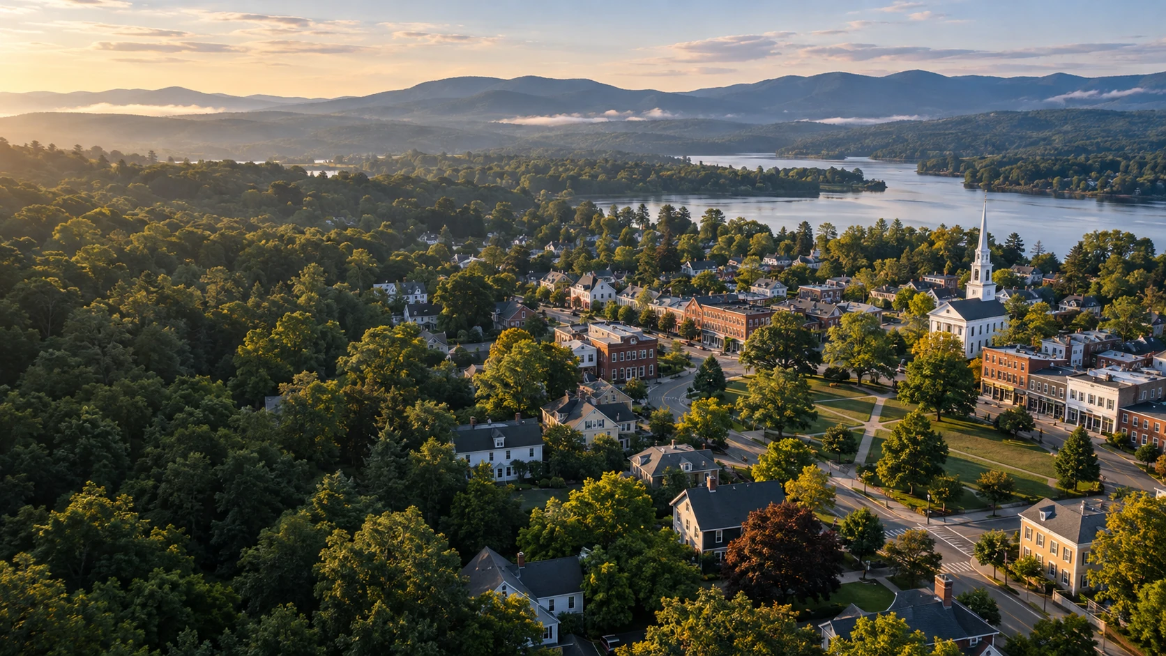 An elevated view of homes, workplaces, green spaces, and connecting streets.
