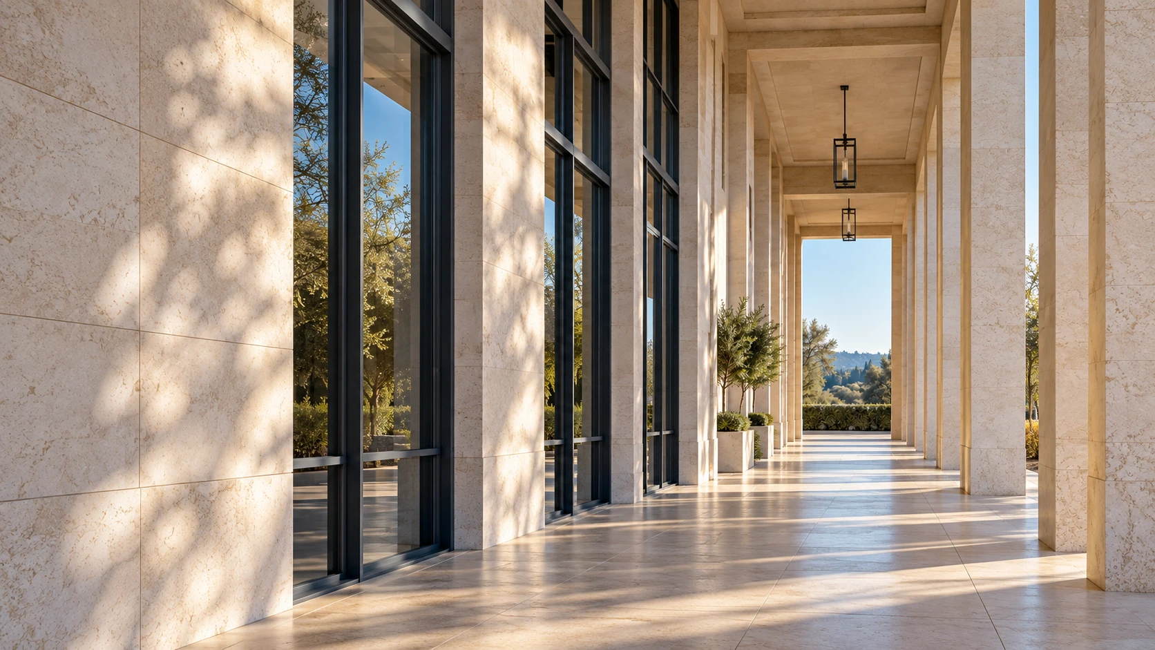 Sunlight and aligned limestone columns frame a view toward trees and blue sky. Illustrative architectural image.