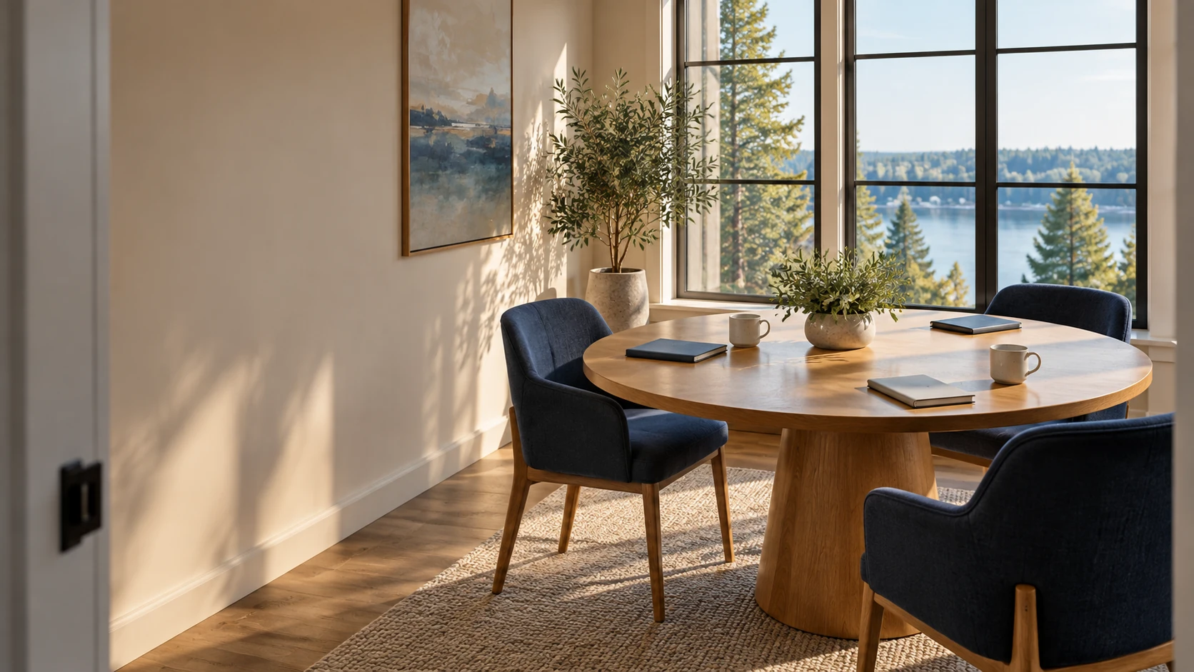 A round table with three chairs and individual notebooks, suggesting professional coordination.
