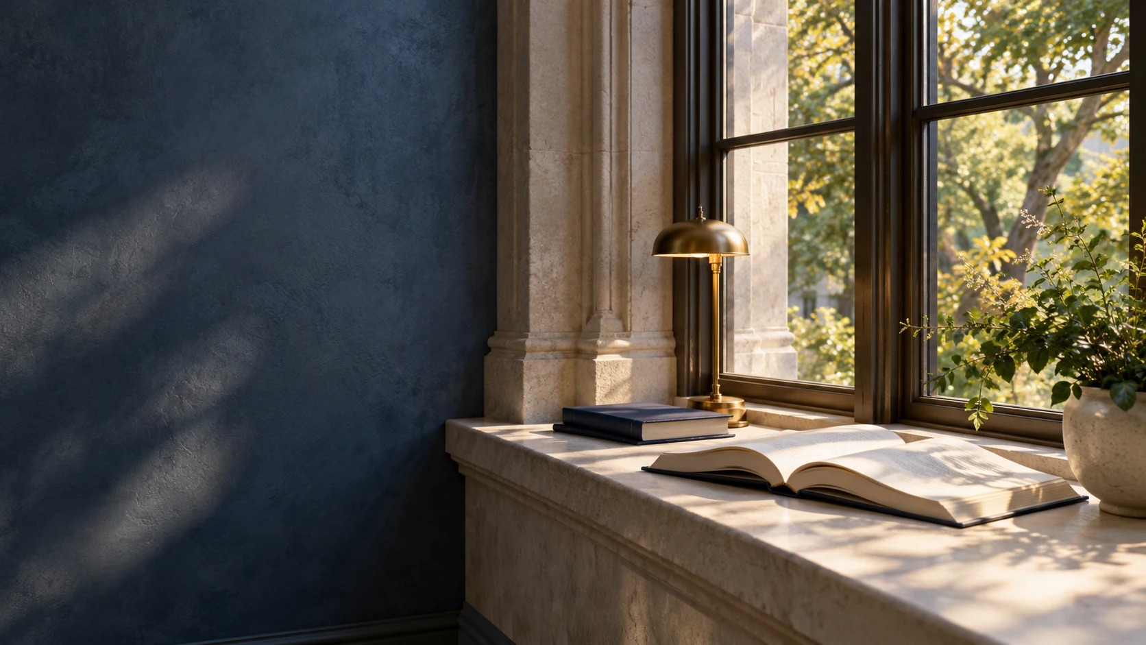 An open book and journals on a reading ledge beside a sunlit window.