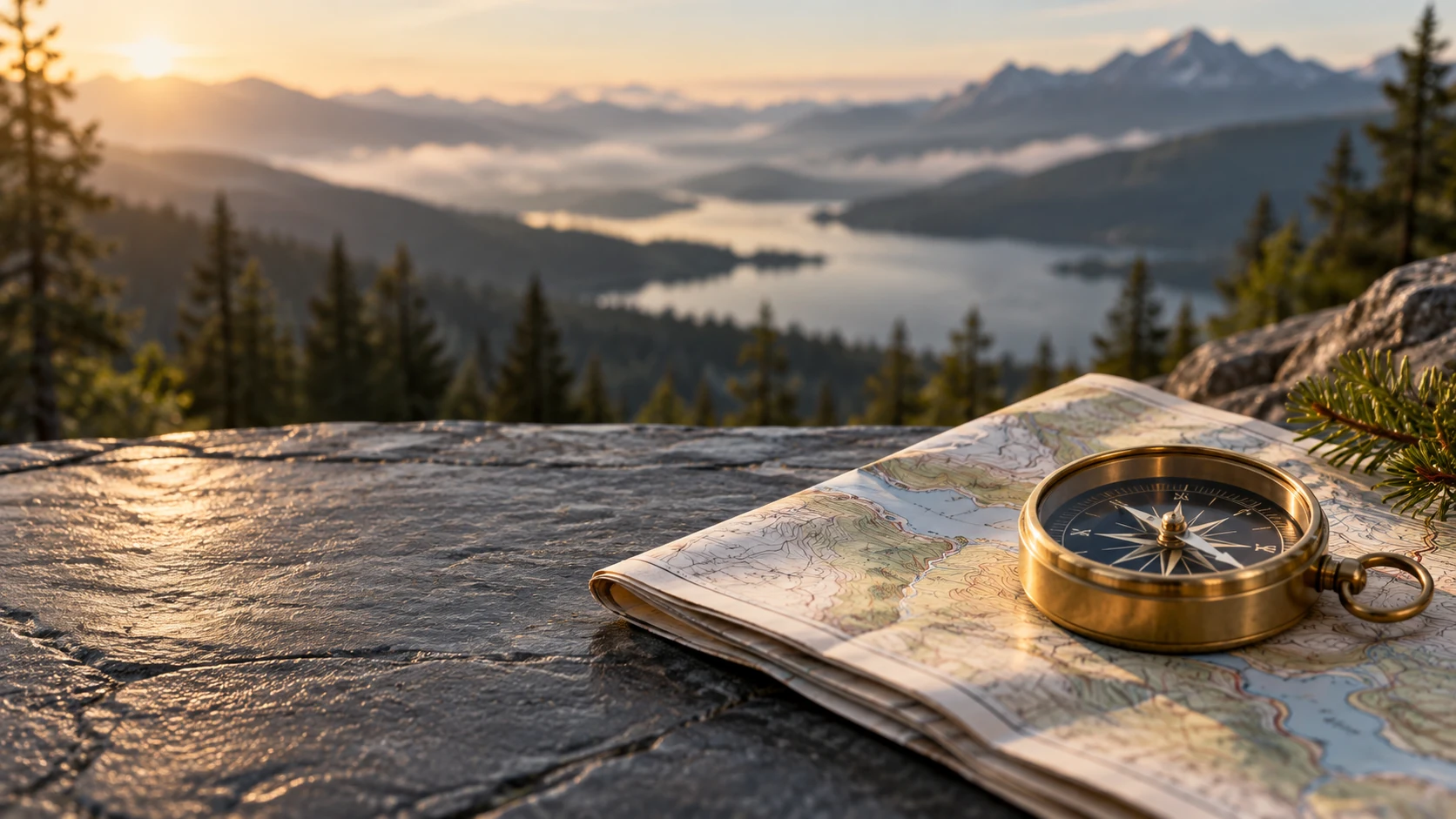 A simple brass compass and folded map on a slate-colored outdoor table.
