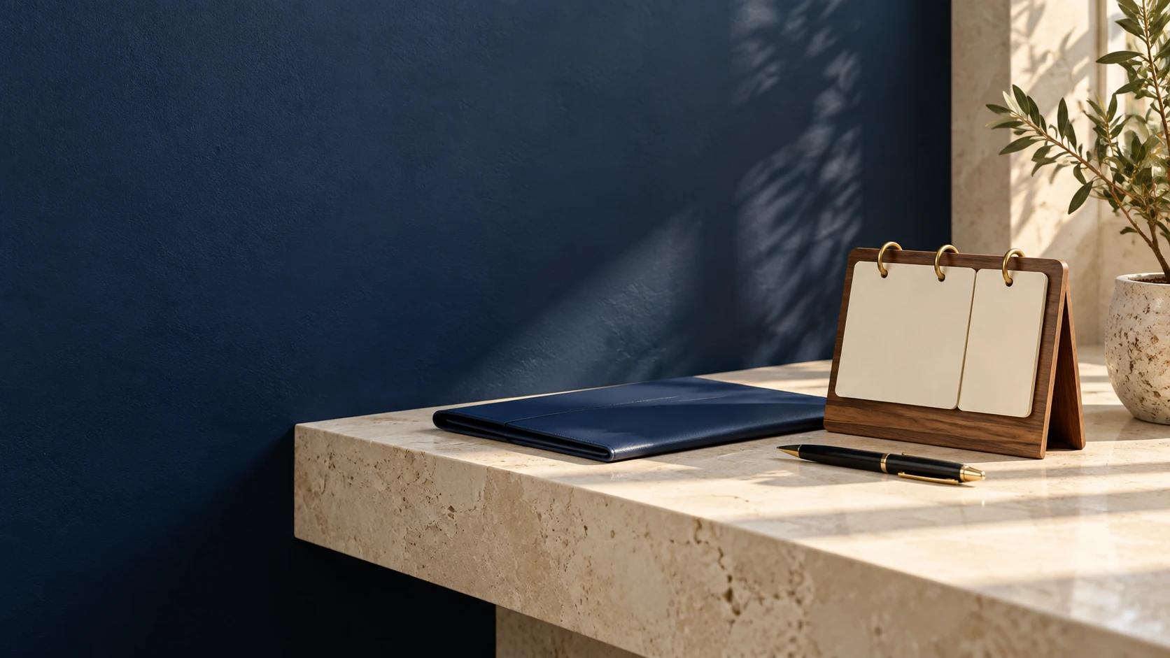A wooden perpetual calendar and a closed document folder on a pale stone shelf.